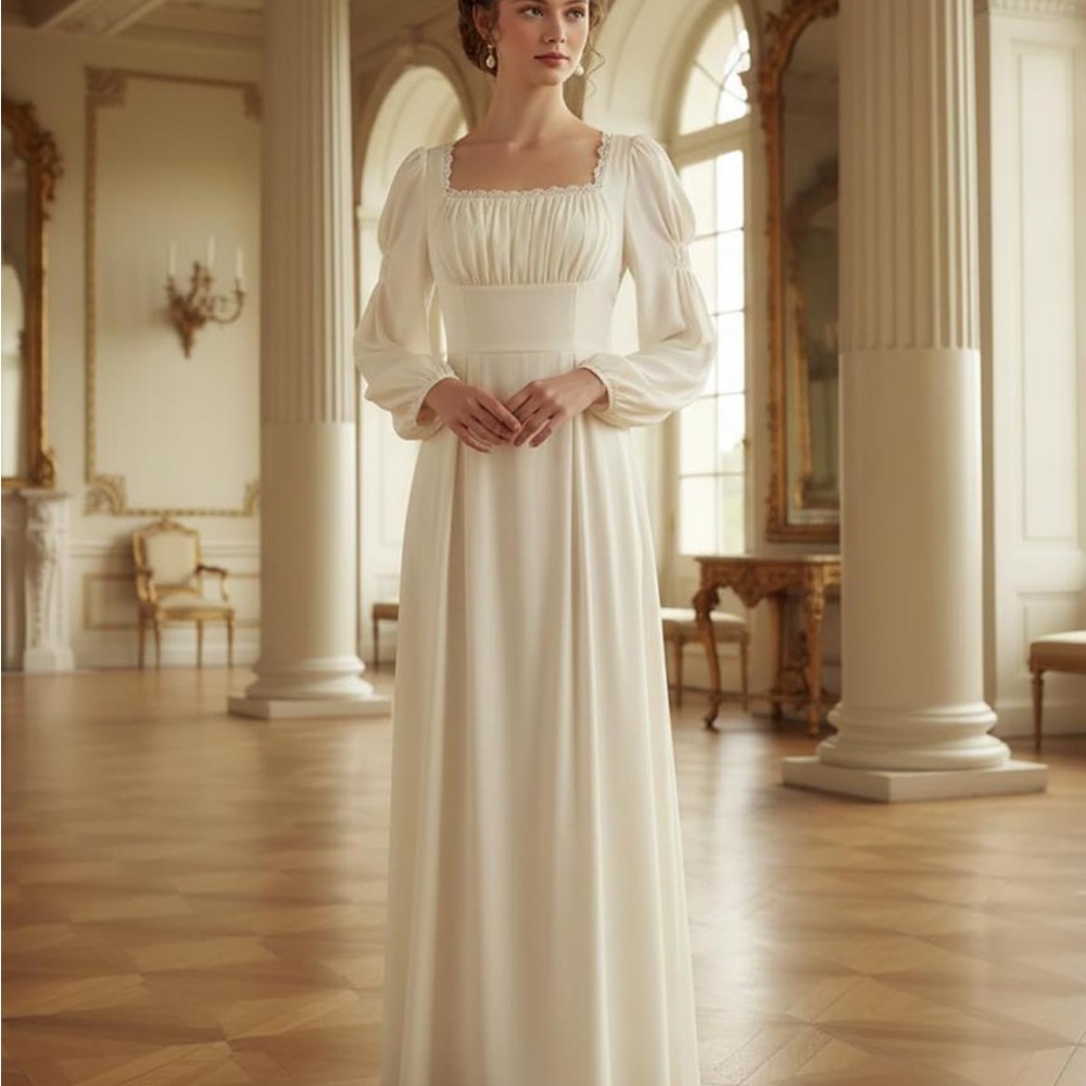 Ivory Square-Neck Long Sleeve Empire Gown